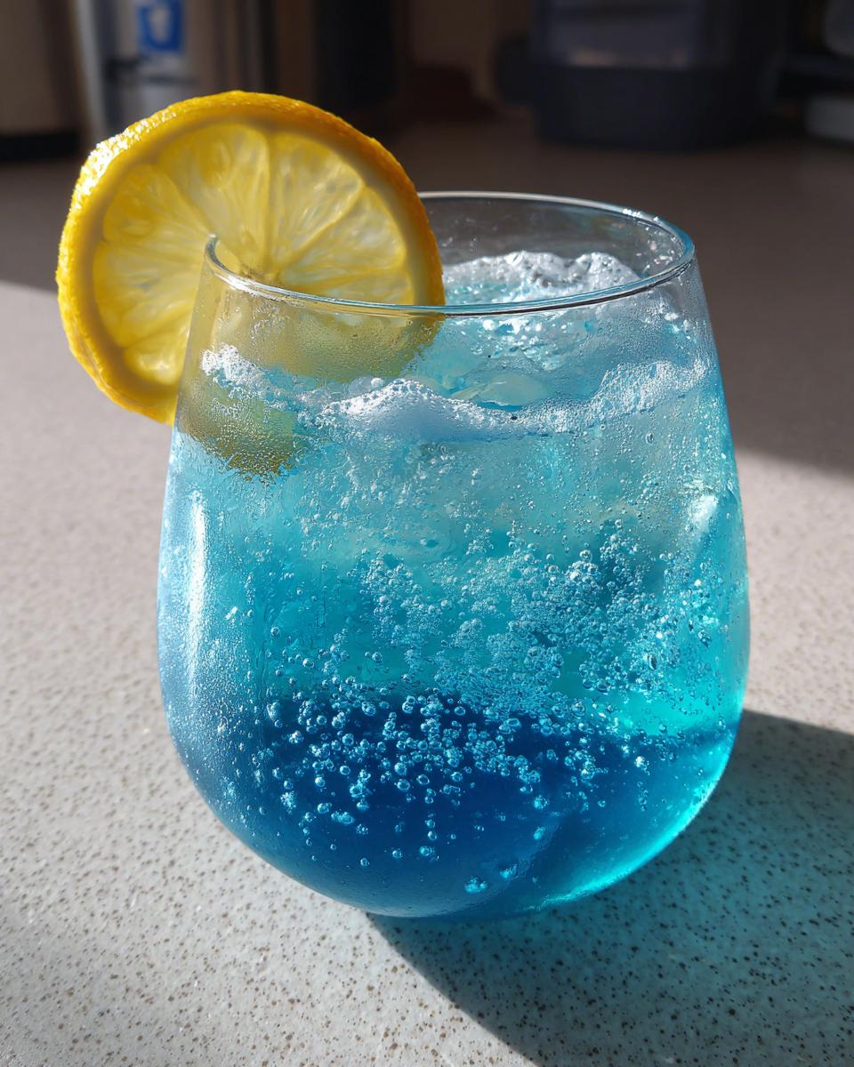 Close-up of a glass containing a bright blue, bubbly Refreshing Moscato spritz, garnished with a lemon slice.