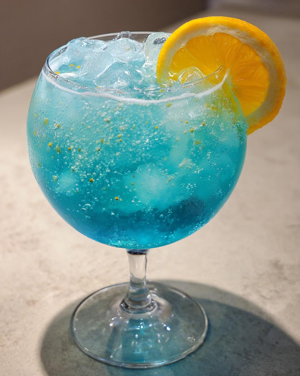 Close-up of a vibrant blue, bubbly Refreshing Moscato spritz served over ice with an orange slice garnish.