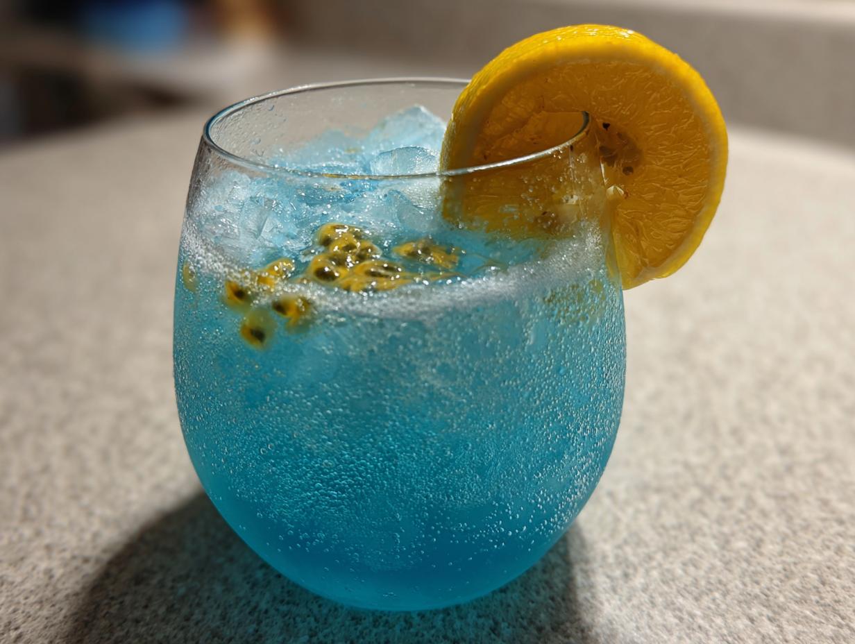 Close-up of a vibrant blue, bubbly Refreshing Moscato spritz garnished with passion fruit seeds and an orange slice.