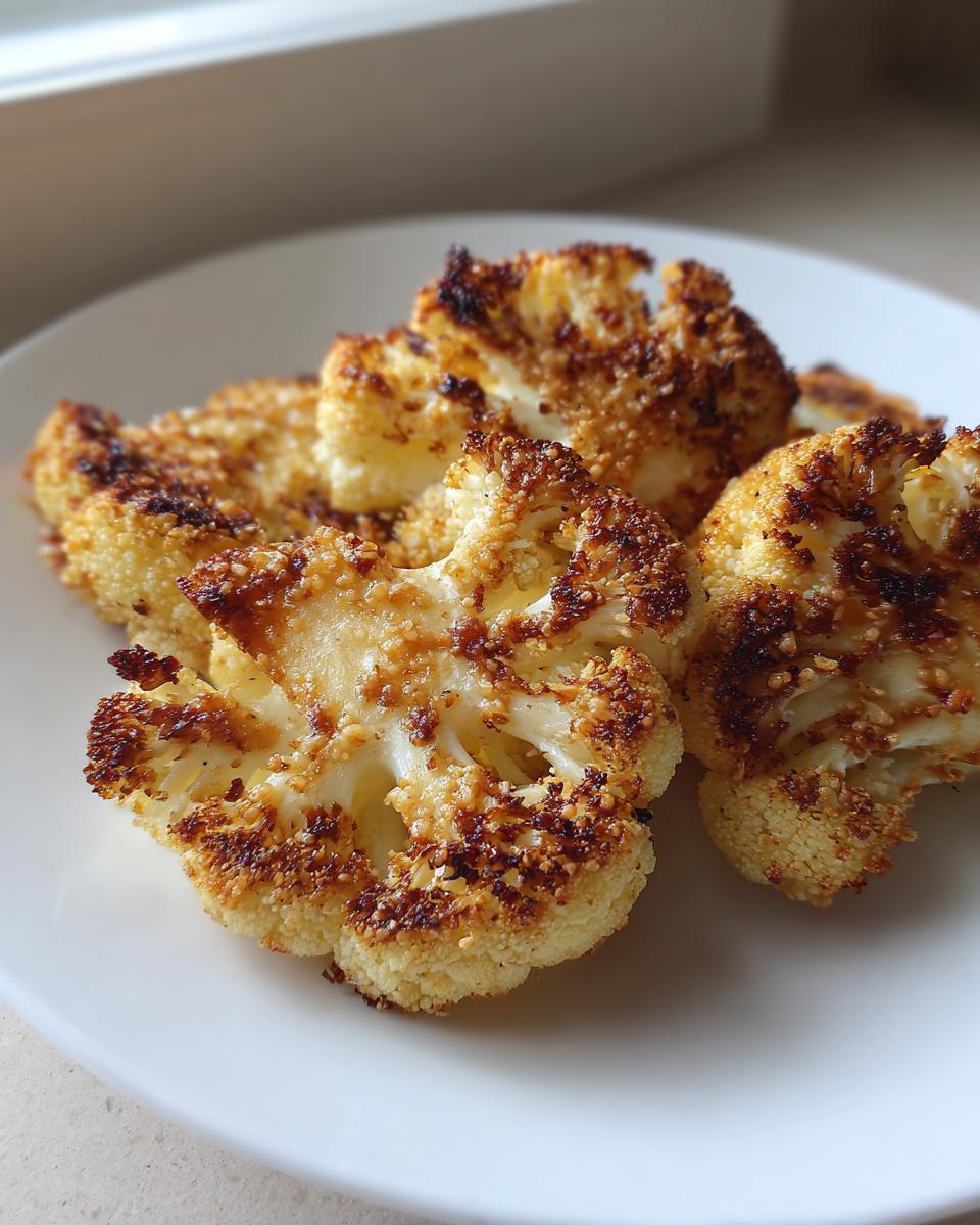 Close-up of three golden-brown, crispy florets of Roasted cauliflower with parmesan on a white plate.