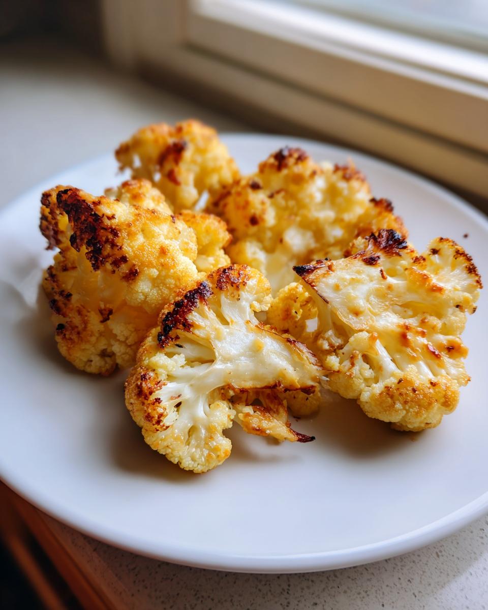 Close-up of perfectly roasted cauliflower with parmesan florets, showing crispy, browned edges on a white plate.