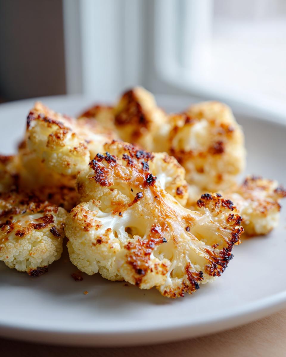 Close-up of perfectly roasted cauliflower with parmesan florets showing caramelized, crispy edges.