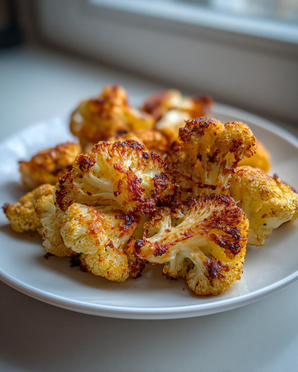 Close-up of crispy, browned florets of roasted cauliflower with parmesan on a white plate.