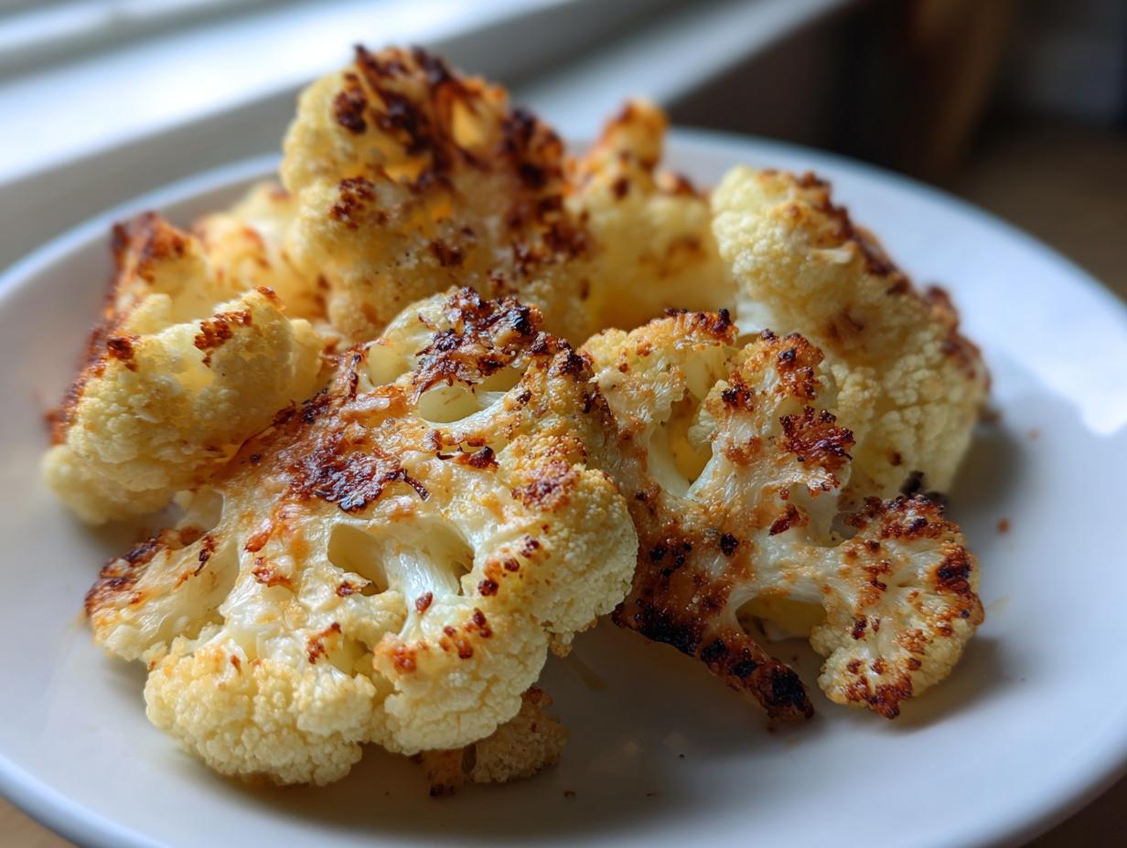 Close-up of perfectly roasted cauliflower with parmesan, showing crispy, browned edges on a white plate.