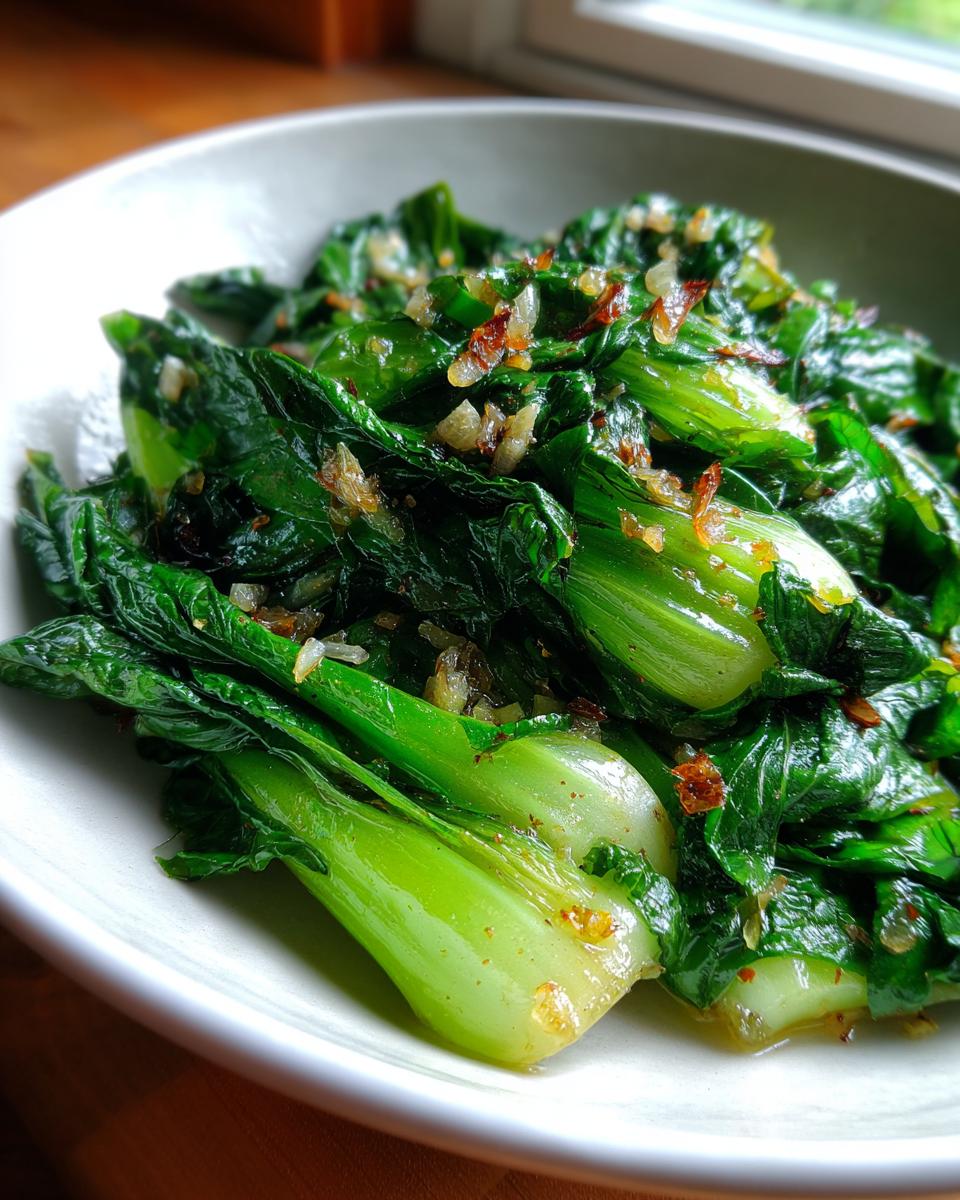 Bright green, tender Sautéed bok choy with garlic served in a white bowl, glistening with oil and topped with browned garlic bits.