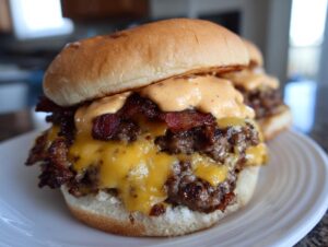 Close-up of a juicy bacon smash burger recipe with melted cheese and special sauce on a brioche bun.
