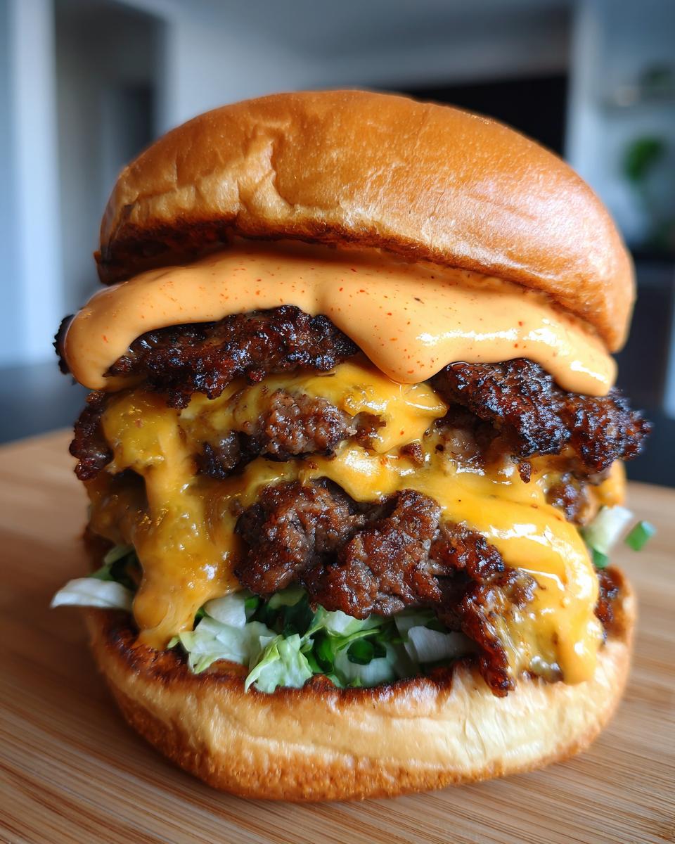 A tall, juicy double patty smash burger recipe creation dripping with melted cheese and special sauce on a toasted bun.