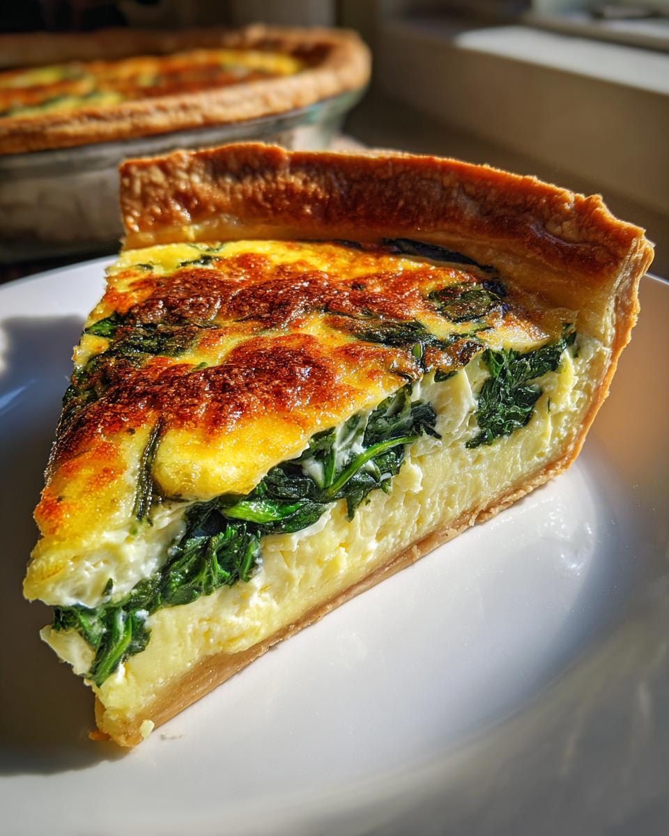 Close-up of a perfectly baked slice of Spinach and Cheese Quiche showing the golden crust and creamy filling with bright green spinach.