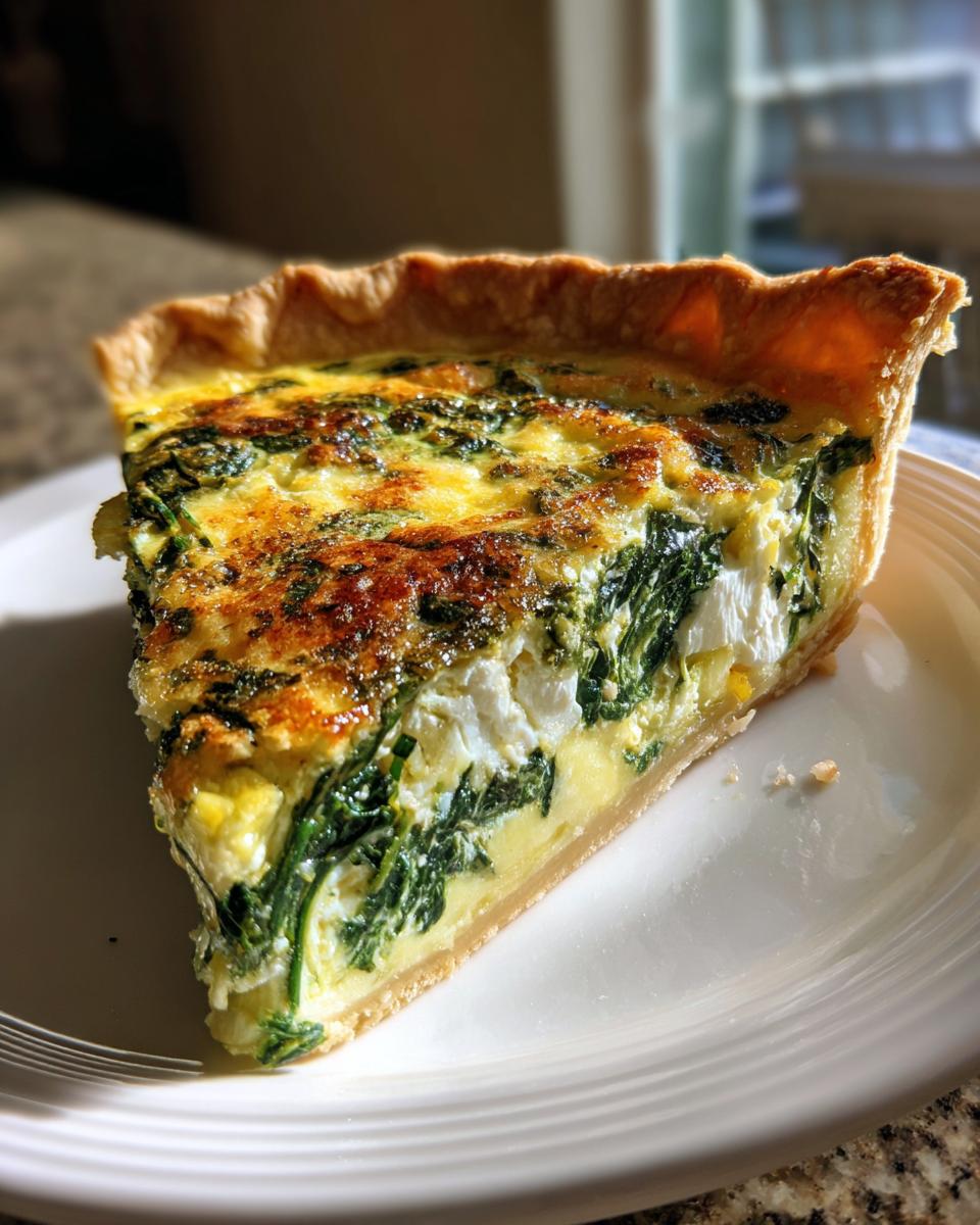 A perfect slice of spinach and cheese quiche with a golden crust, served on a white plate.