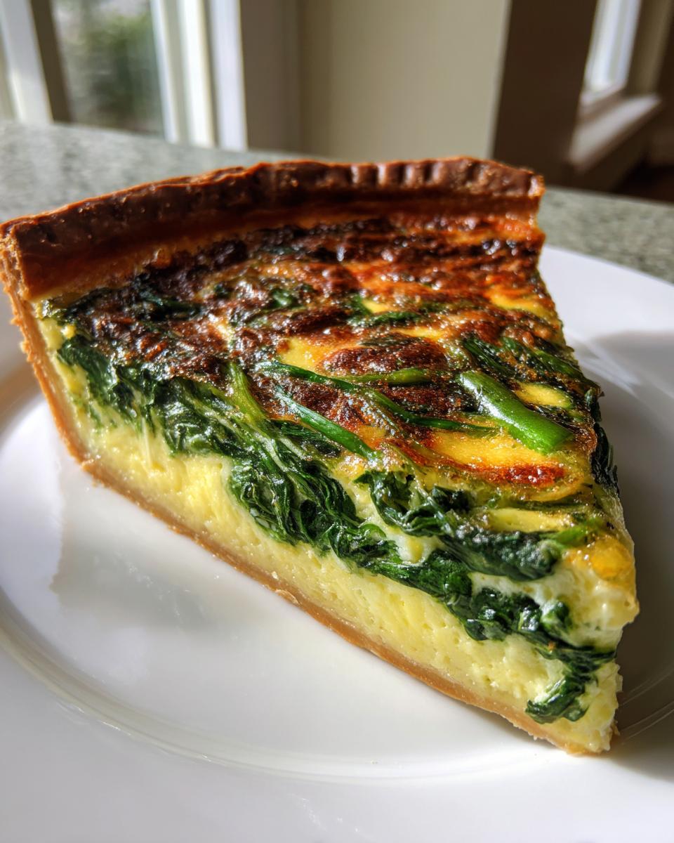 A perfect slice of Spinach and Cheese Quiche with a golden crust and rich, eggy filling topped with dark green spinach.