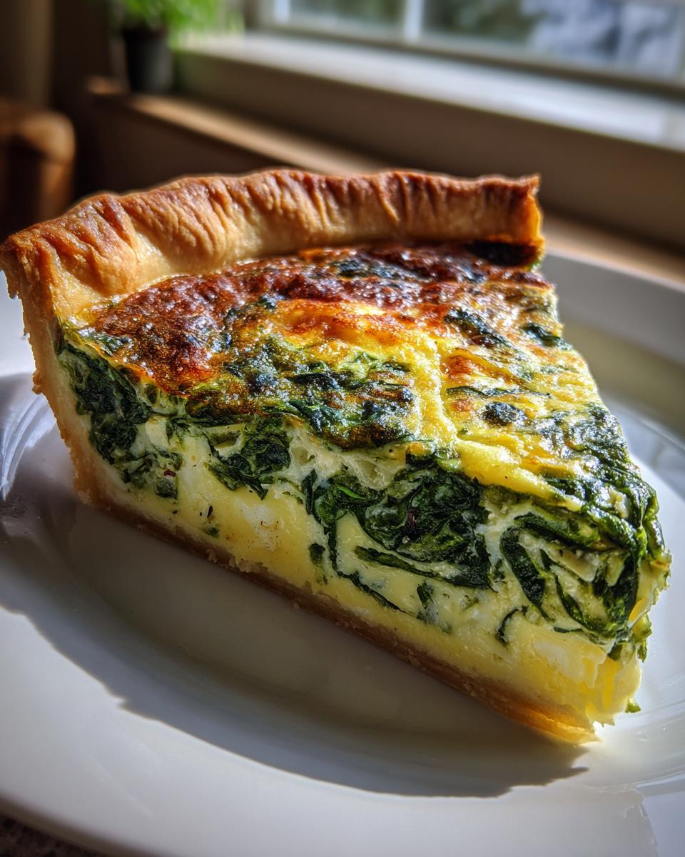 A close-up slice of Spinach and Cheese Quiche showing a rich, eggy filling packed with dark green spinach, resting on a white plate.