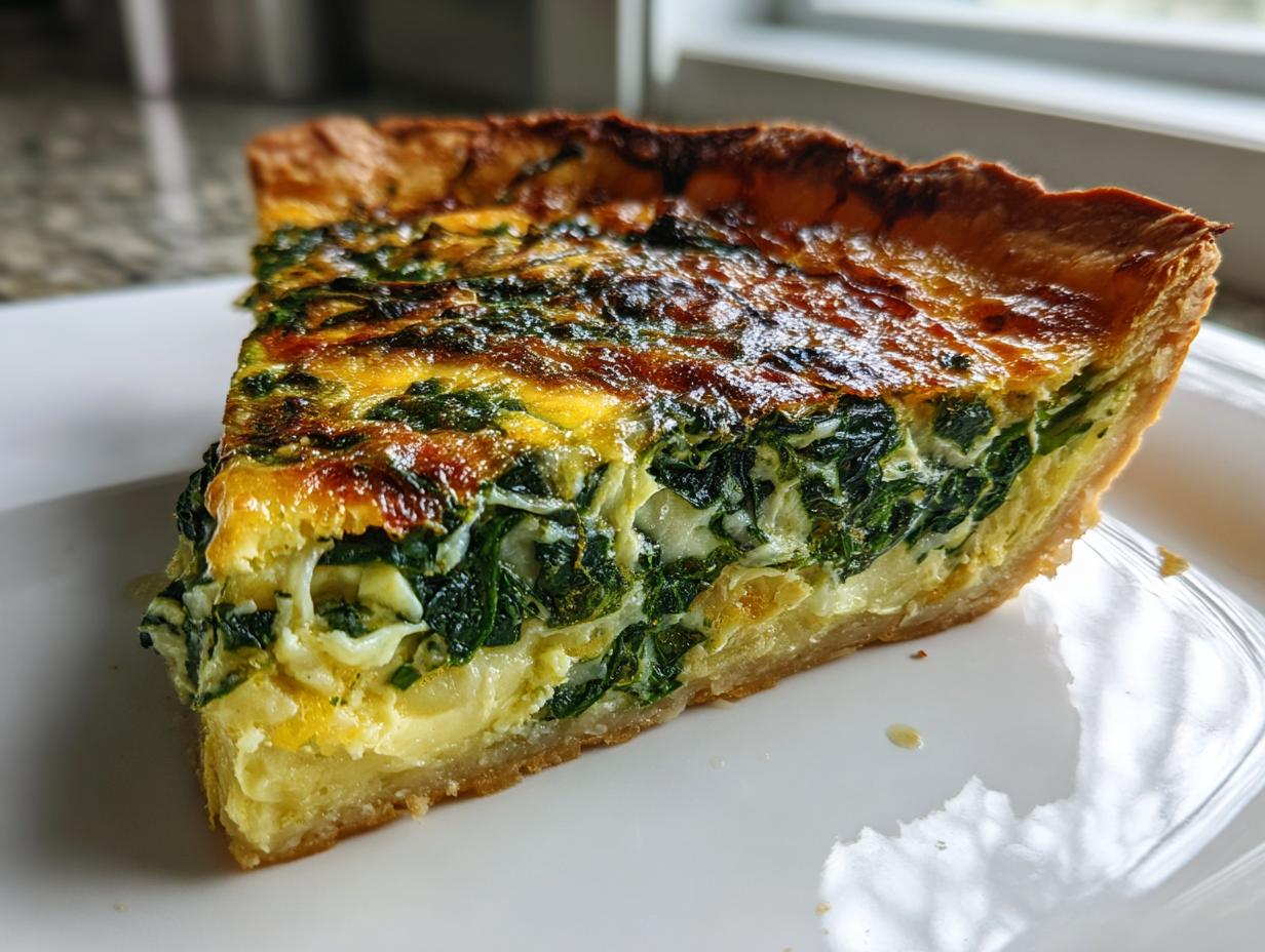 Close-up of a golden-brown slice of spinach and cheese quiche on a white plate.