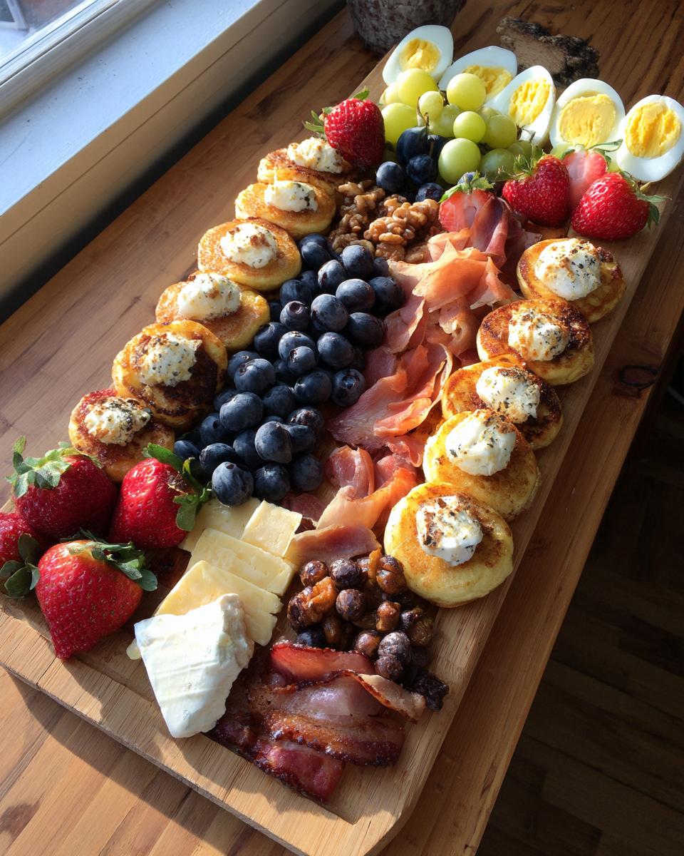 Overhead view of a bountiful Breakfast grazing board featuring mini pancakes, fruit, cheese, eggs, and bacon.
