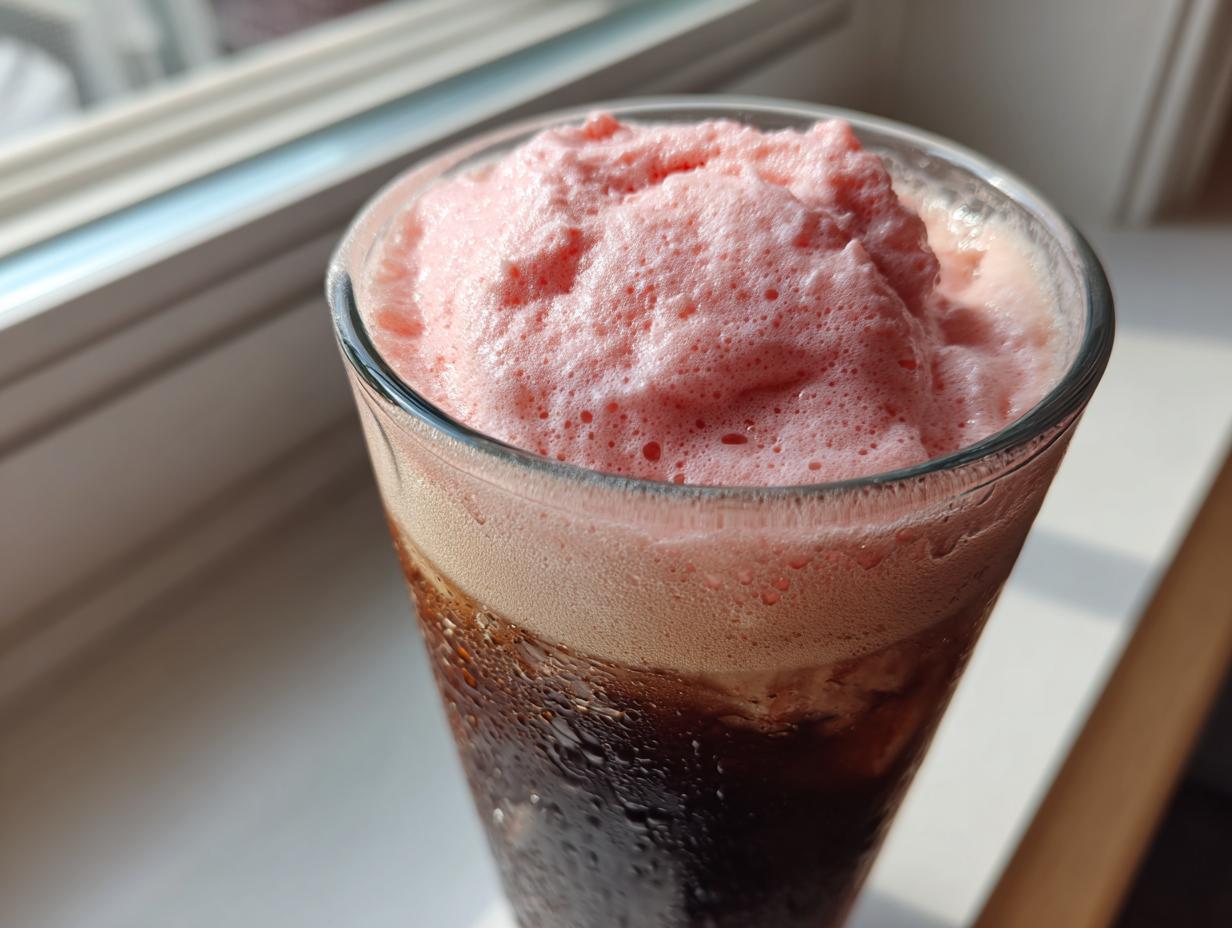 Close-up of a cold glass of iced coffee topped with thick, pink strawberry cold foam coffee.