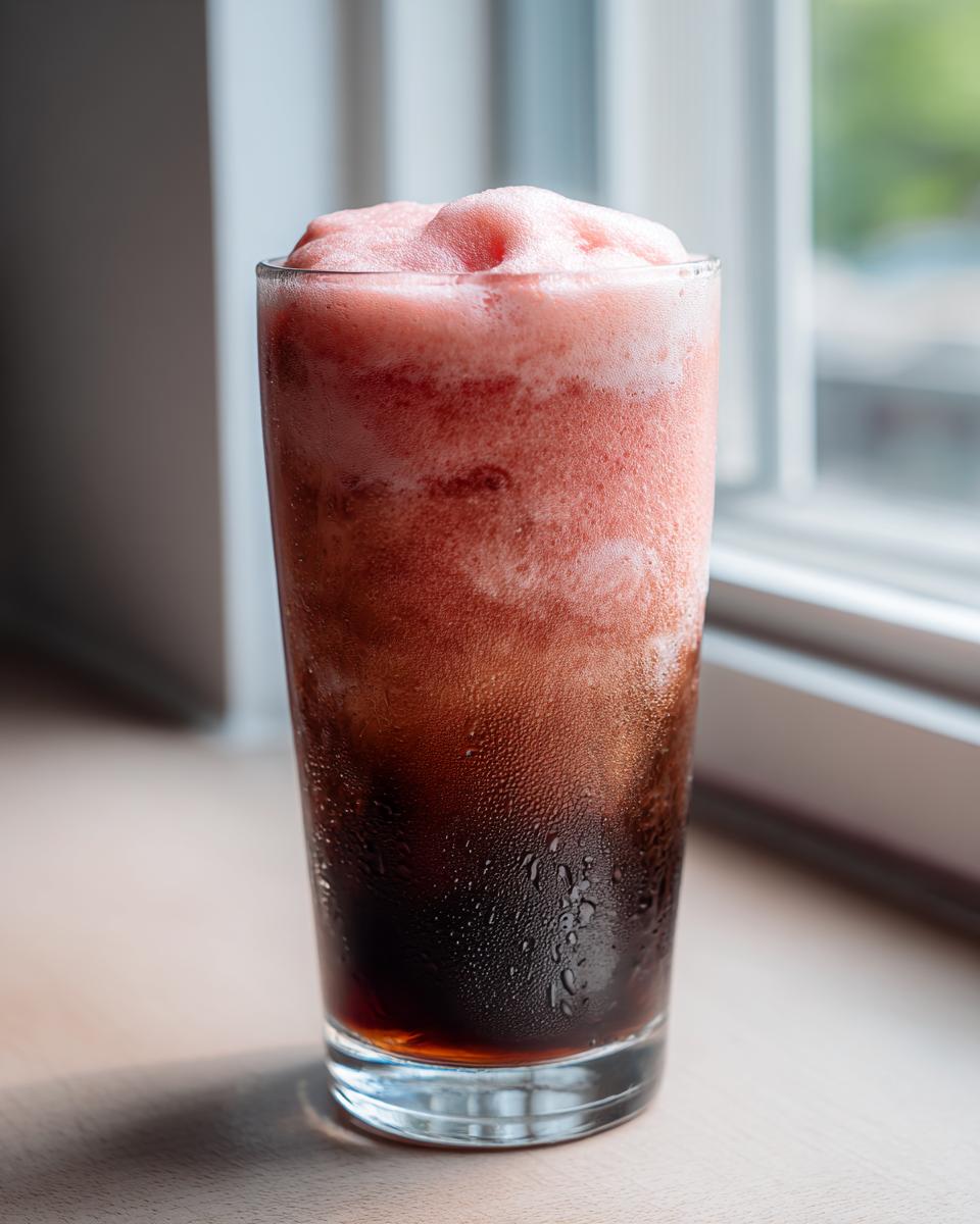 A tall glass filled with iced coffee topped with thick, pink strawberry cold foam coffee.