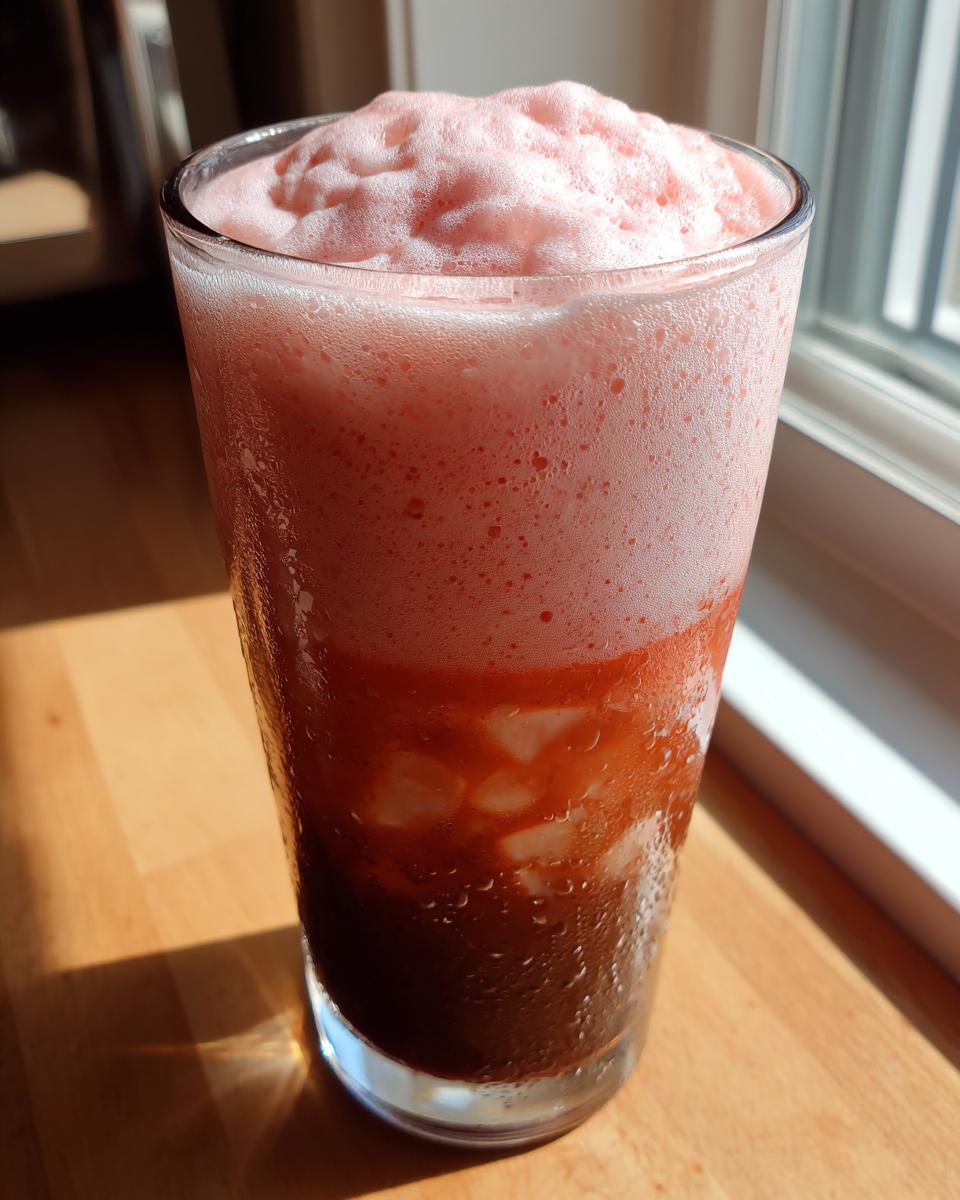 A tall glass of layered Strawberry cold foam coffee with thick pink foam on top and iced coffee below.