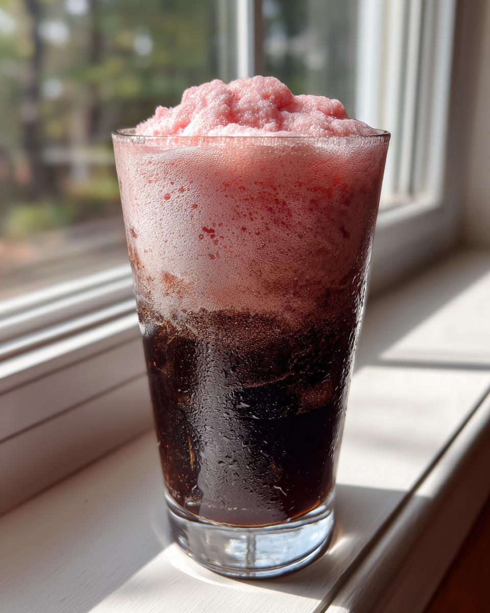 A tall glass of iced coffee topped with thick, pink strawberry cold foam coffee mixture.