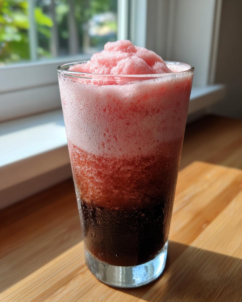 A tall glass of layered Strawberry cold foam coffee showing dark coffee below and thick pink foam on top.
