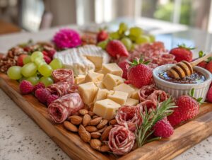 A vibrant close-up of a Mother's Day charcuterie board featuring cheese cubes, rolled salami roses, strawberries, grapes, and honey.