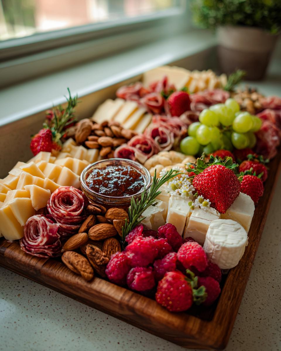 A stunning Mother's Day charcuterie board featuring cheese, rolled salami, almonds, raspberries, strawberries, grapes, and jam.