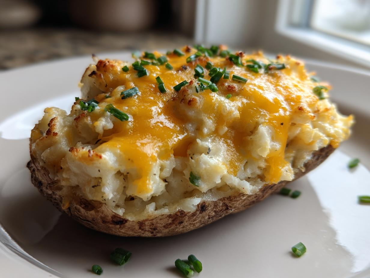 Close-up of an Ultimate twice baked potatoes, stuffed with creamy filling and topped with melted cheddar cheese and fresh chives.