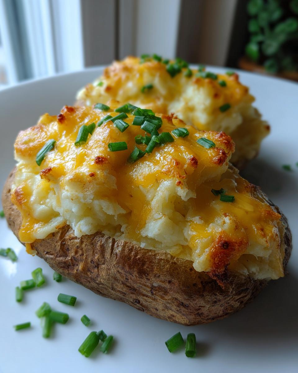 Close-up of an Ultimate twice baked potato stuffed with creamy filling, topped with melted cheddar cheese and fresh chives.