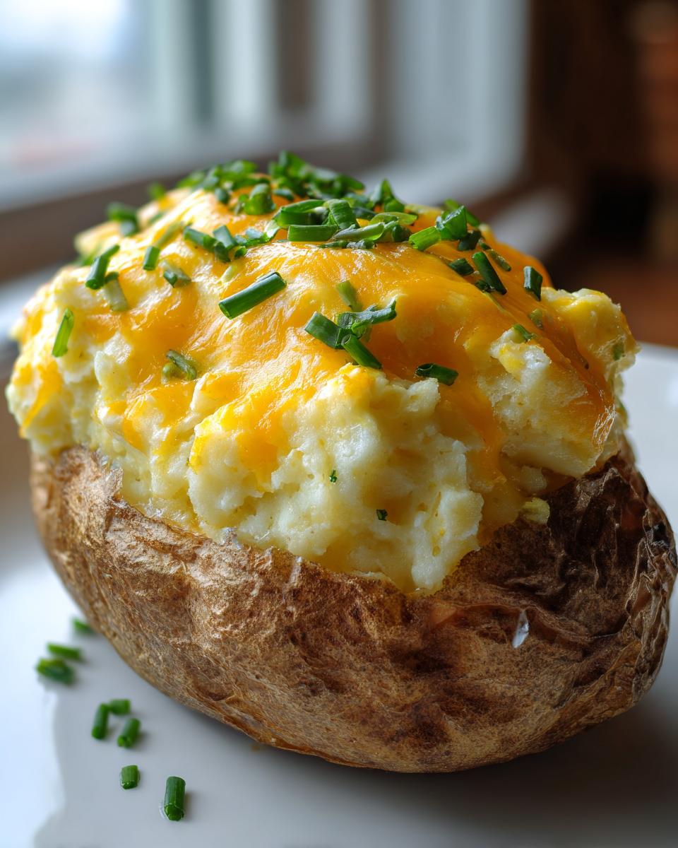 A perfectly baked potato stuffed with creamy filling, melted cheddar cheese, and topped with fresh chives, showcasing the Ultimate twice baked potatoes.