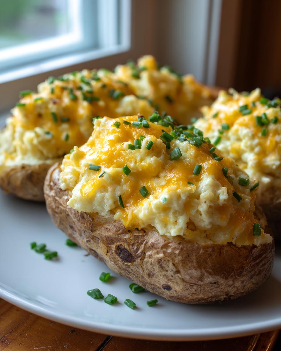 A close-up of Ultimate twice baked potatoes stuffed with creamy filling, topped with melted cheddar cheese and fresh chives.