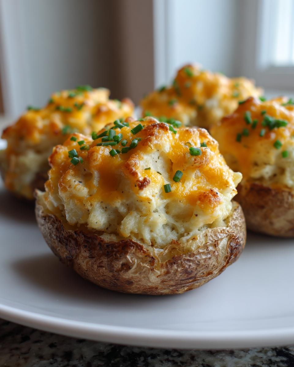 Four Ultimate twice baked potatoes stuffed with creamy filling, topped with melted cheddar cheese and fresh chives.