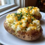 Close-up of two Ultimate twice baked potatoes stuffed with creamy filling, topped with melted cheddar cheese and fresh chives.
