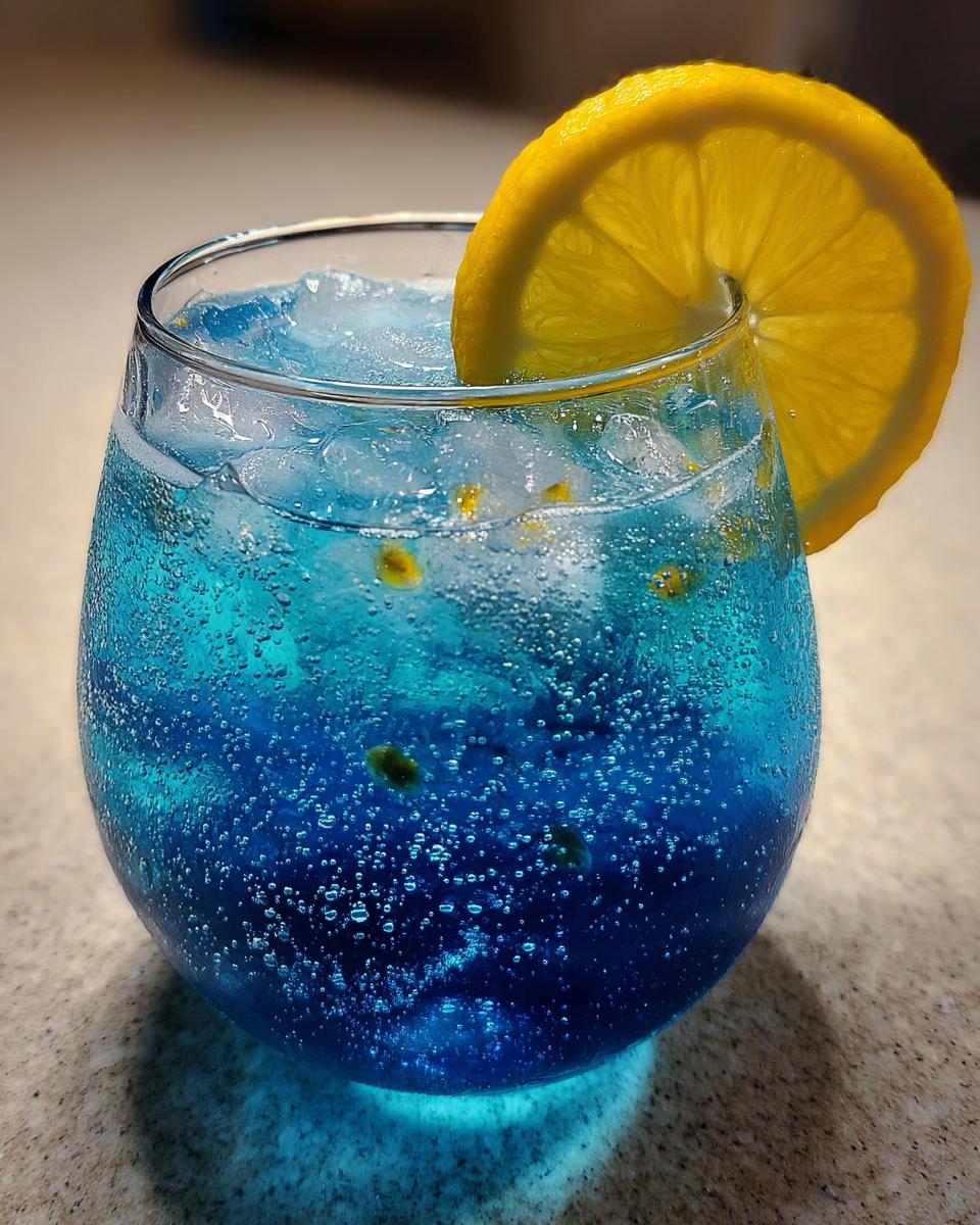Close-up of a vibrant blue, bubbly Refreshing Moscato Spritz garnished with a bright lemon wheel.